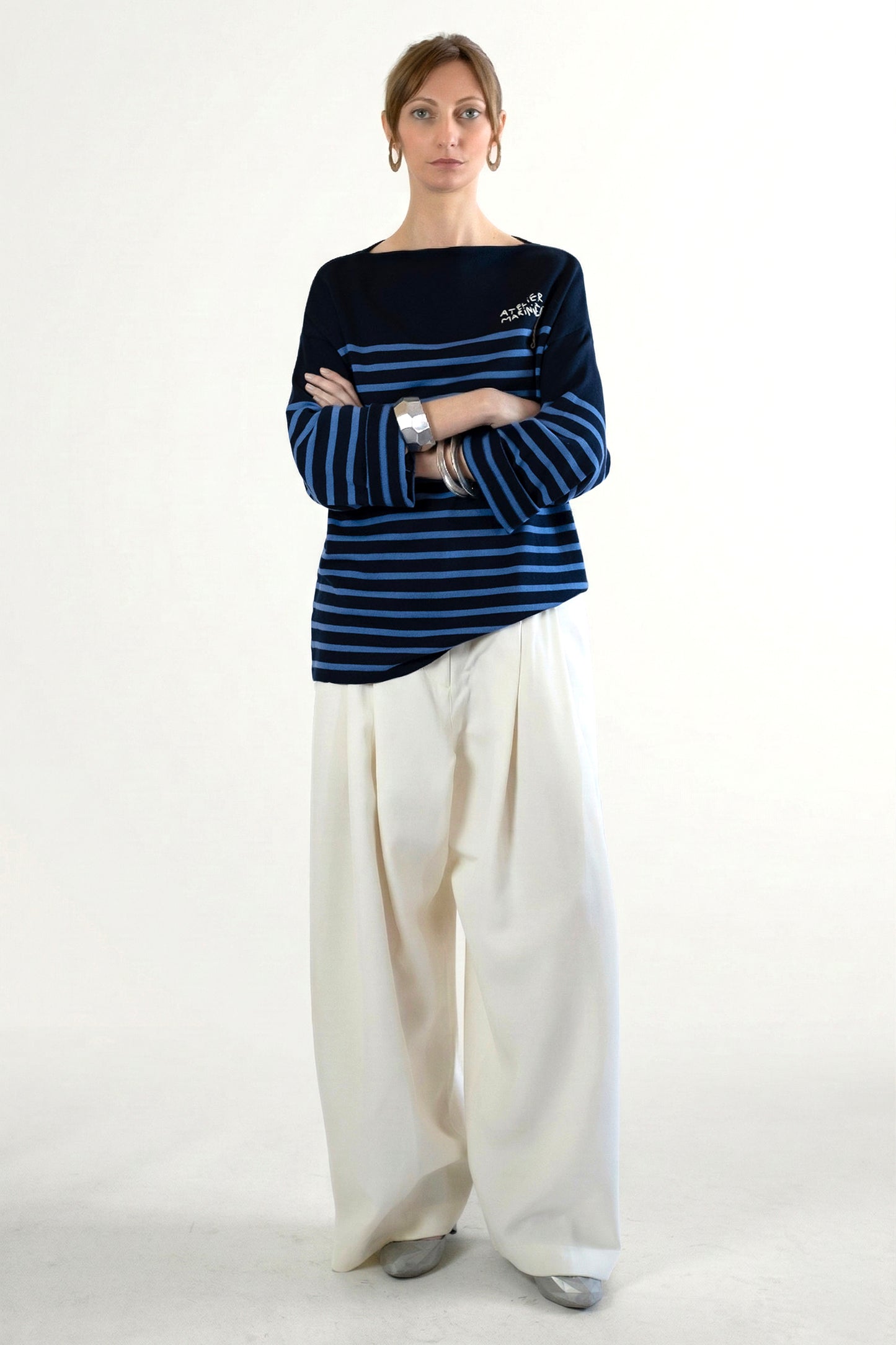 Women's Merino Breton Shirt, Navy/Dusty Blue Stripes