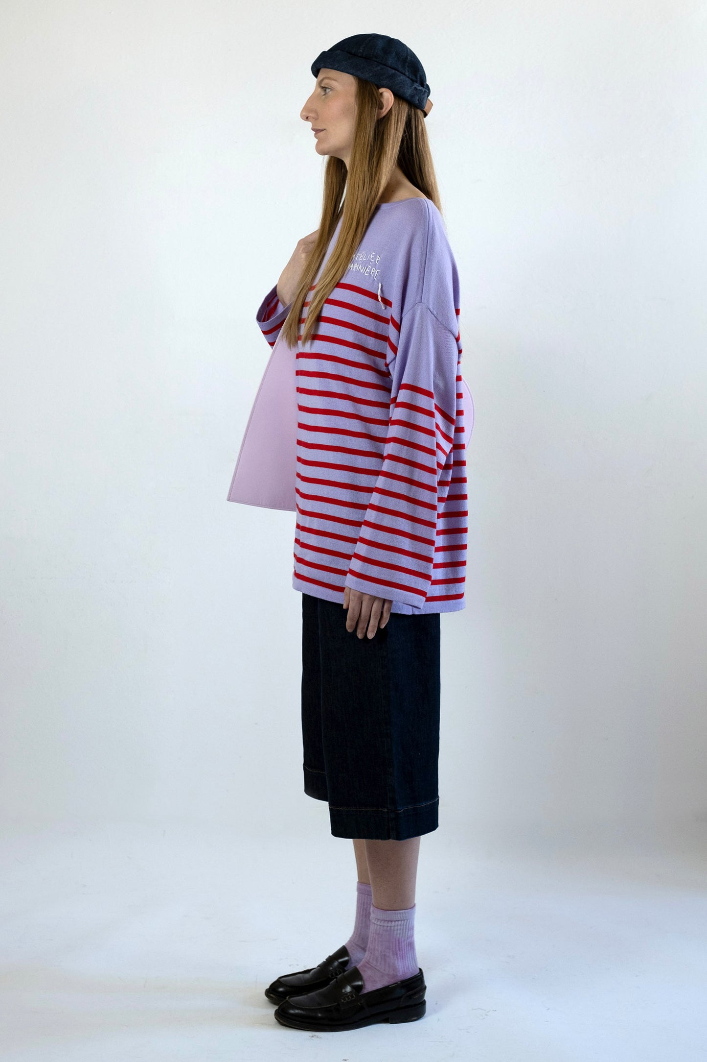 Women's Merino Breton Shirt, Lillac/Red Stripes