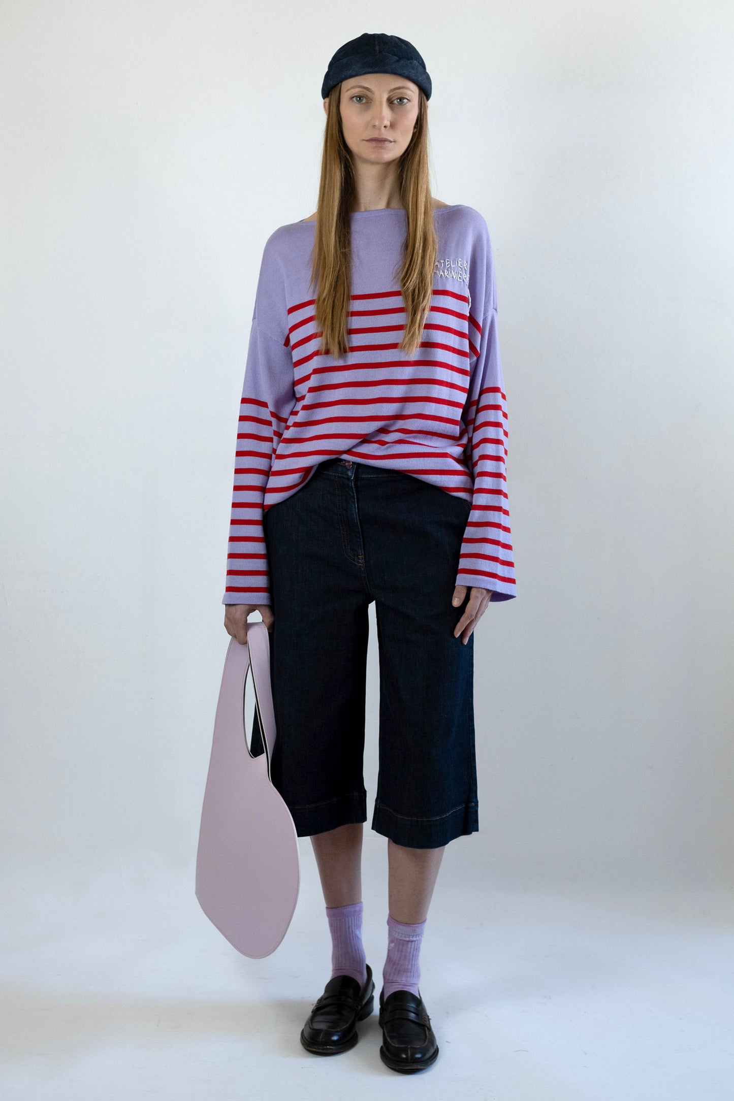 Women's Merino Breton Shirt, Lillac/Red Stripes