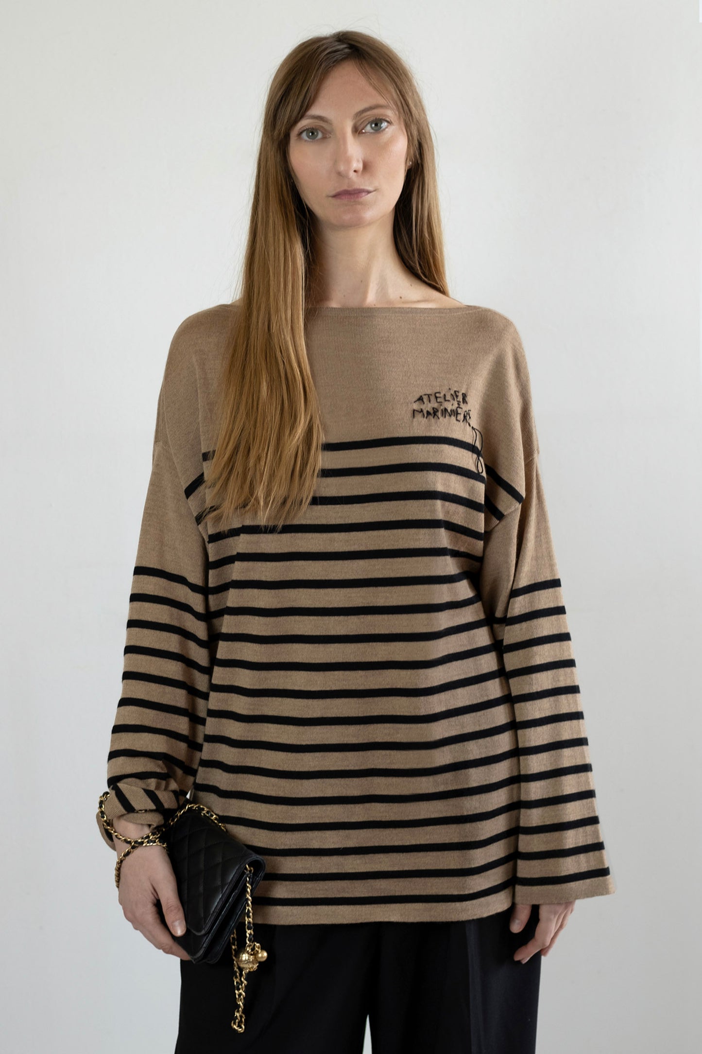 Women's Merino Breton Shirt, Hazelnut/Black Stripes