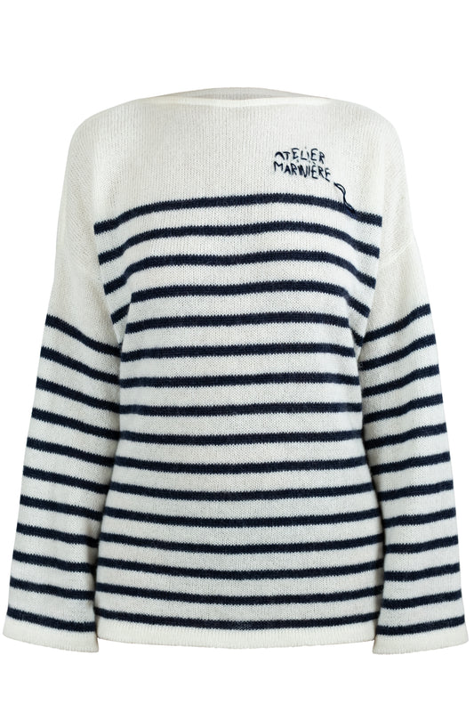 Women's Super Kid Mohair Sweater, White/Navy Stripes