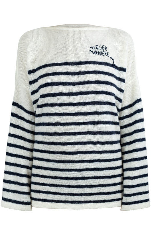 Men's Super Kid Mohair Sweater, White/Navy Stripes