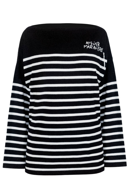 Women's Striped Breton Shirt - 100% Merino Wool - Boat Neck - Black / White Stripes