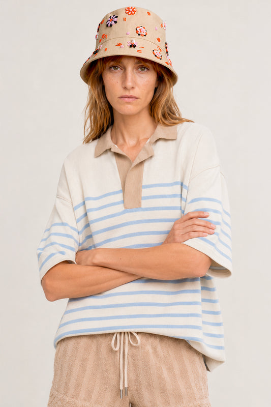 Women's Striped Oversized Cotton Polo— Milk / Powder Blue / Camel