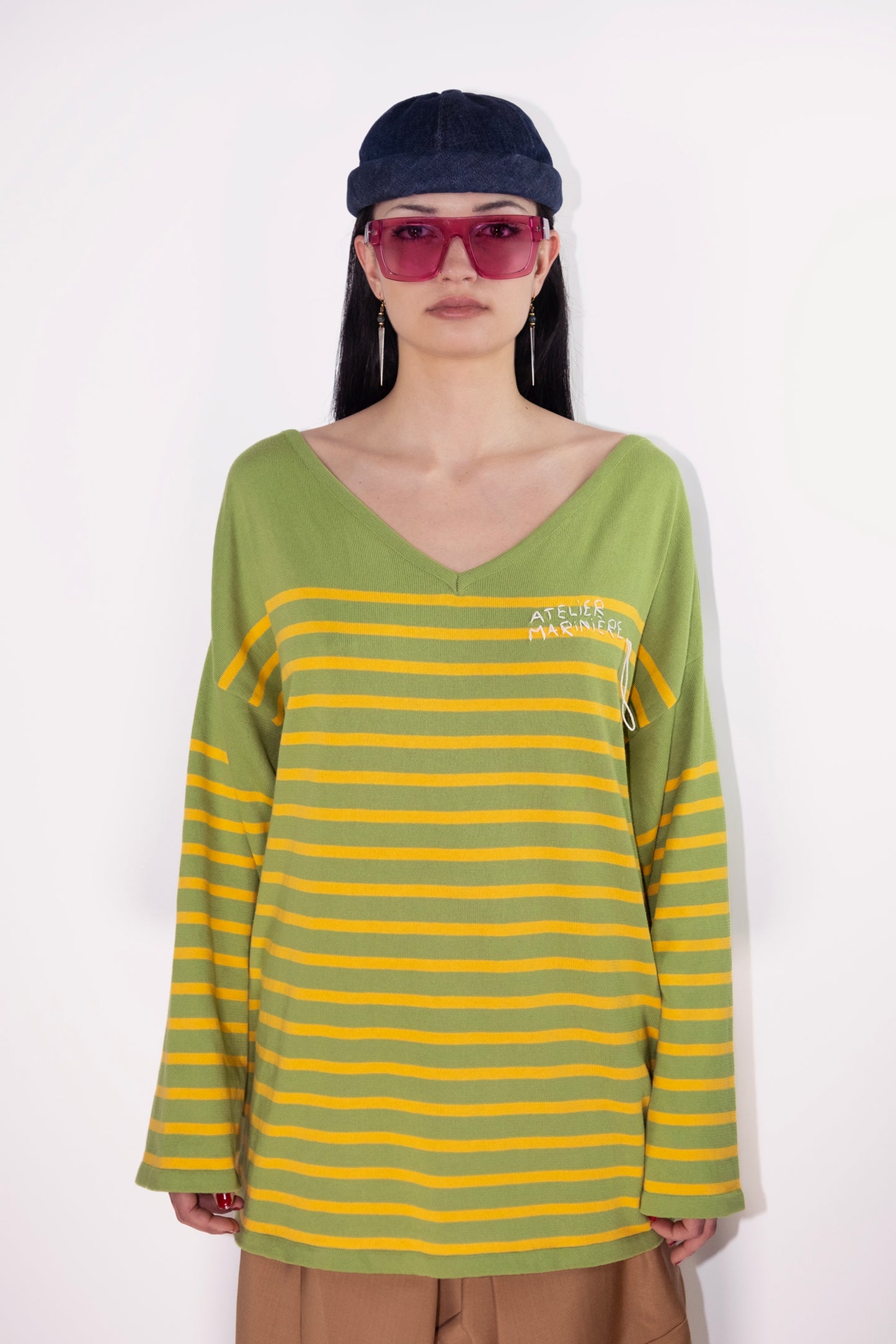 Women's Marinière - Drop 2 - Cotton V-neck - Green / Mango Stripes