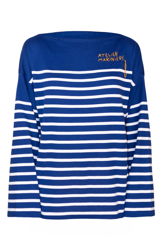 Women's Striped Breton Shirt - 100% Organic Cotton - Boat Neck - Blue / White Stripes