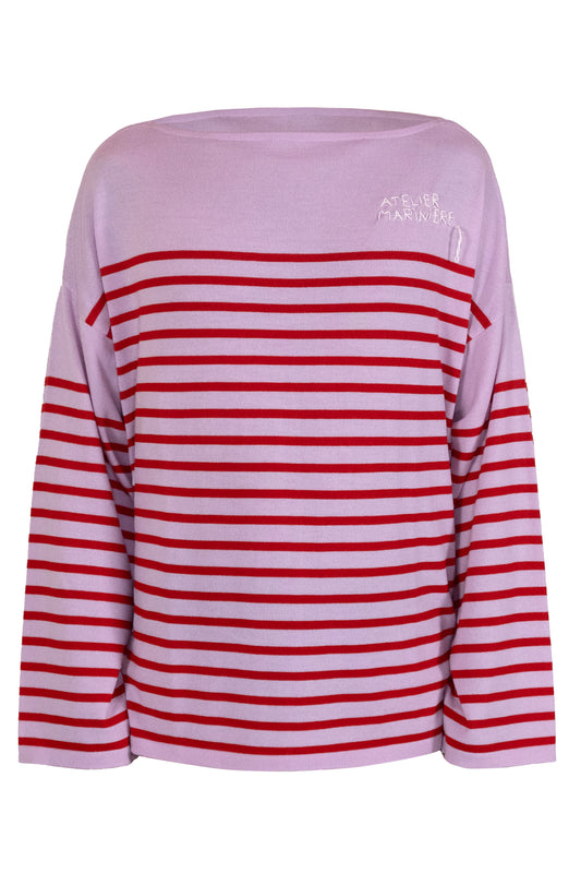 Men's Striped Breton Shirt - 100% Merino Wool - Boat Neck - Pink / Red Stripes