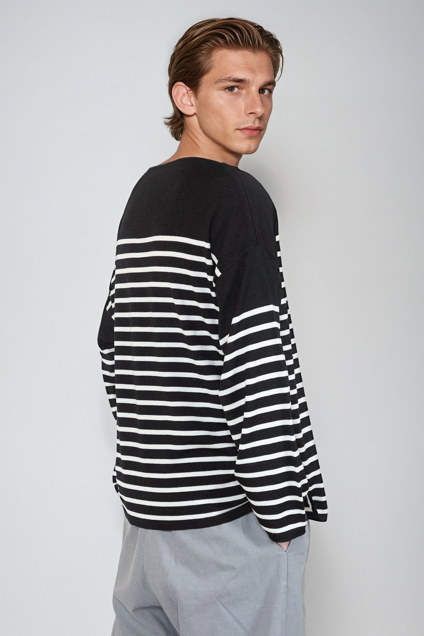 Men's Signature Marinière, 100% Mohair, Boat Neck, Black/White Stripes