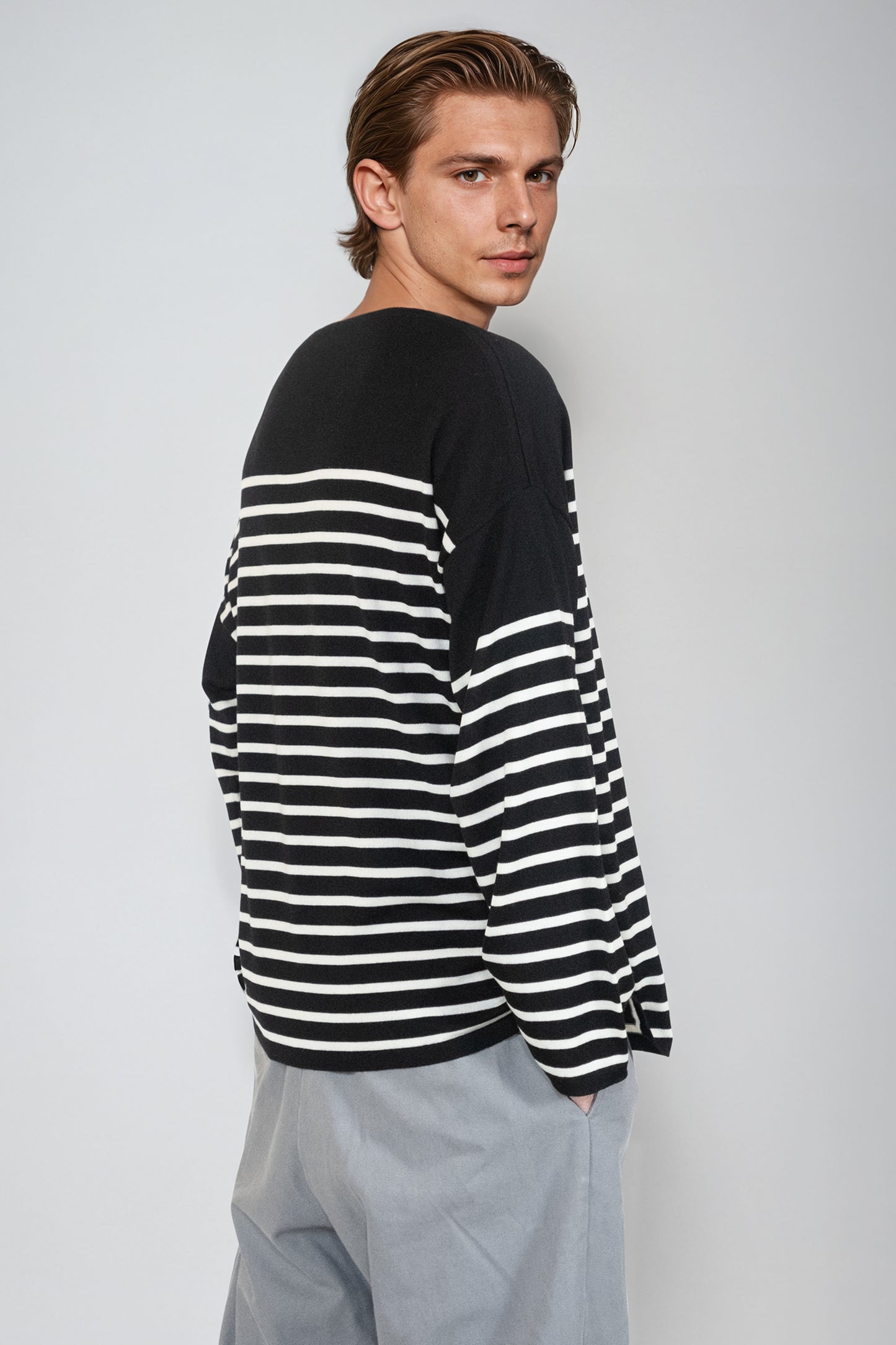 Men's Striped Breton Shirt - 100% Merino Wool - Boat Neck - Black / White Stripes