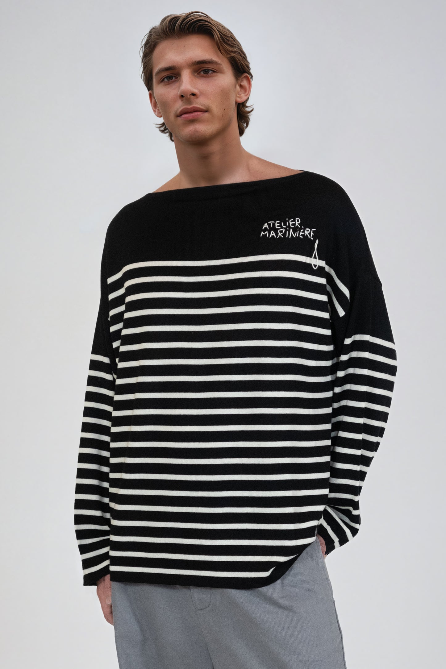 Men's Striped Breton Shirt - 100% Merino Wool - Boat Neck - Black / White Stripes