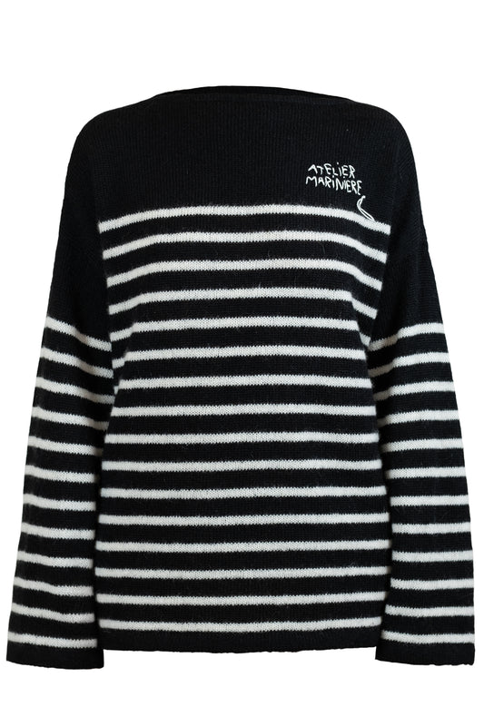Women's Super Kid Mohair Sweater, Black/White Stripes