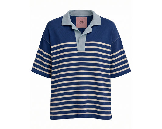 Men's Oversized Cotton Polo— Navy / White / Powder Blue