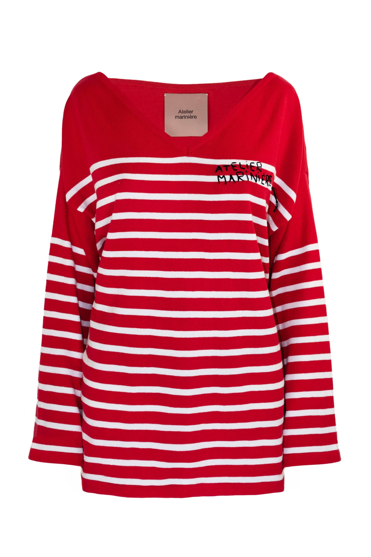 Women's Striped Breton Shirt - 100% Organic Cotton - V-Neck -  Red / White Stripes