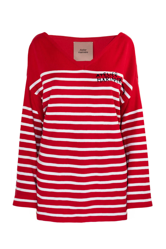 Women's Striped Breton Shirt - 100% Organic Cotton - V-Neck -  Red / White Stripes