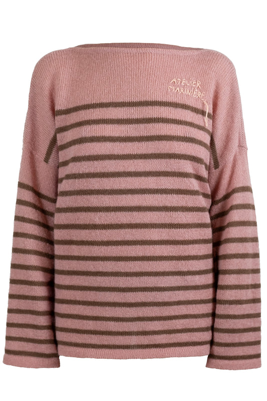 Men's Super Kid Mohair Sweater, Antique Pink/Noisette Stripes