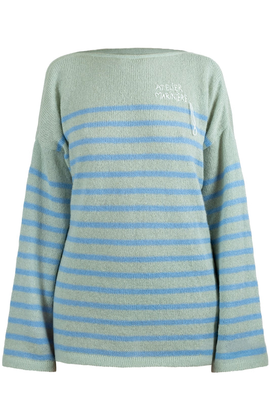 Women's Super Kid Mohair Sweater, Wasabi/Blue Stripes