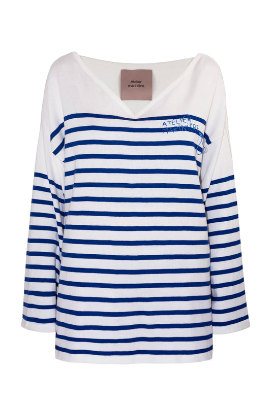 Women's Striped Breton Shirt - 100% Organic Cotton - V-Neck - White / Blue Stripes