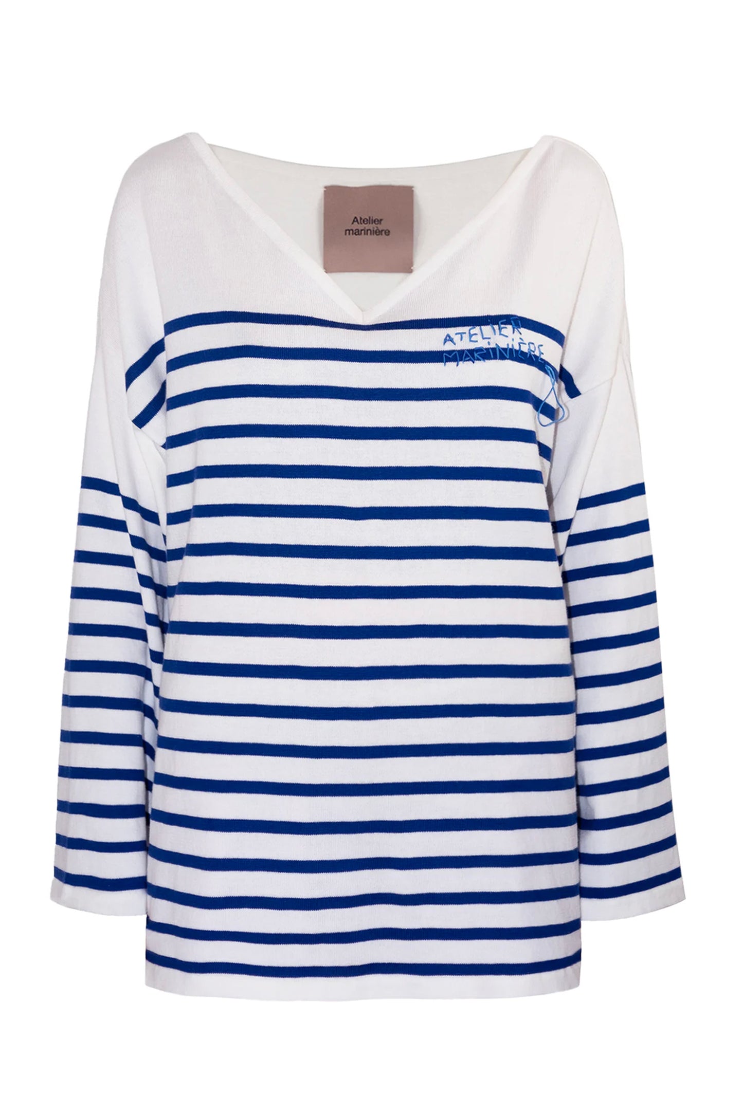 Men's Striped Breton Shirt - 100% Organic Cotton - V-Neck - White / Blue Stripes