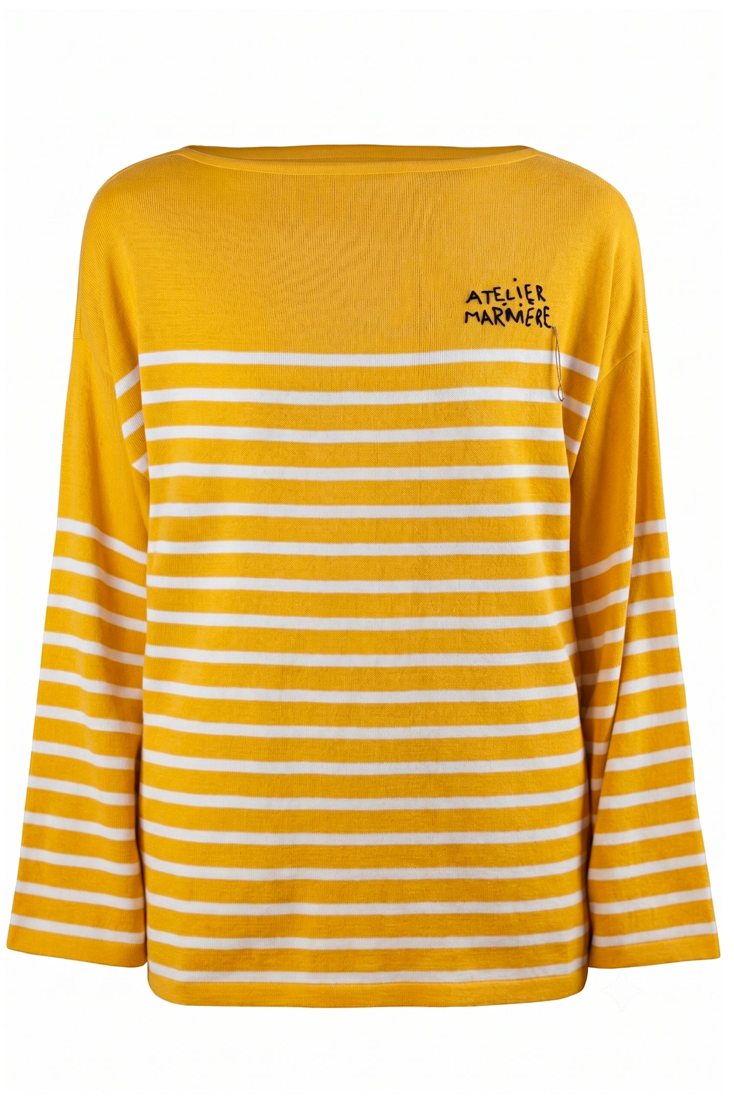 Front view of Atelier Marinière's oversized yellow Breton shirt, handcrafted in Italy from premium cotton