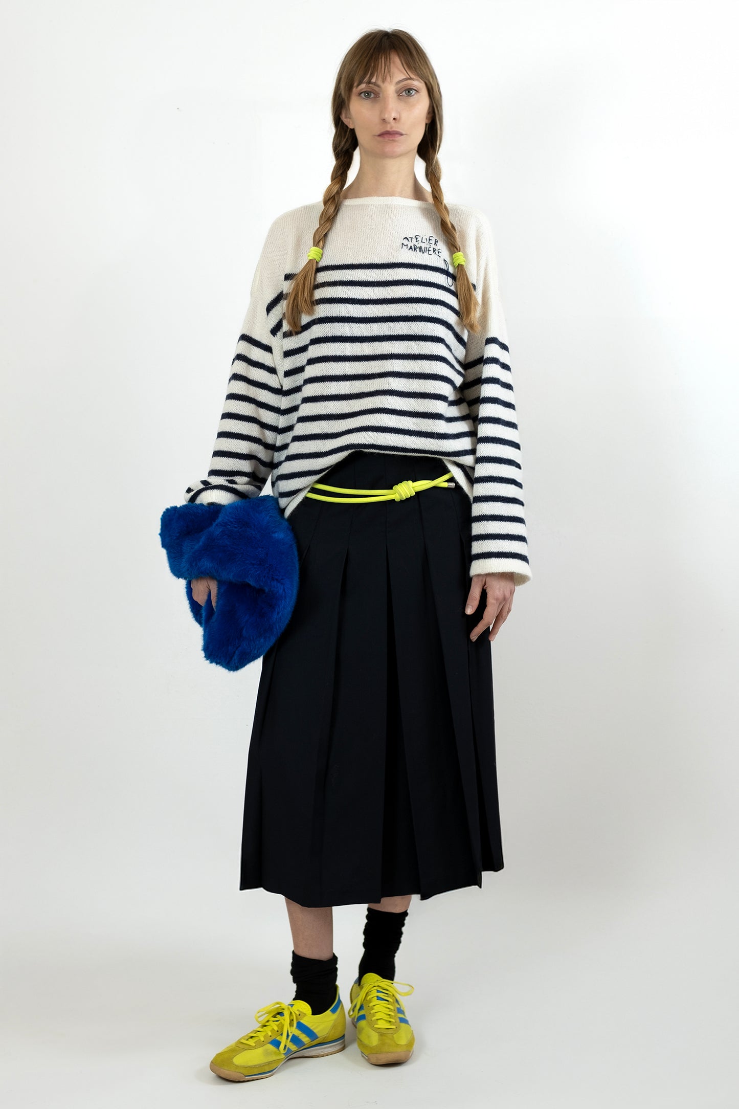 Women's Super Kid Mohair Sweater, White/Navy Stripes