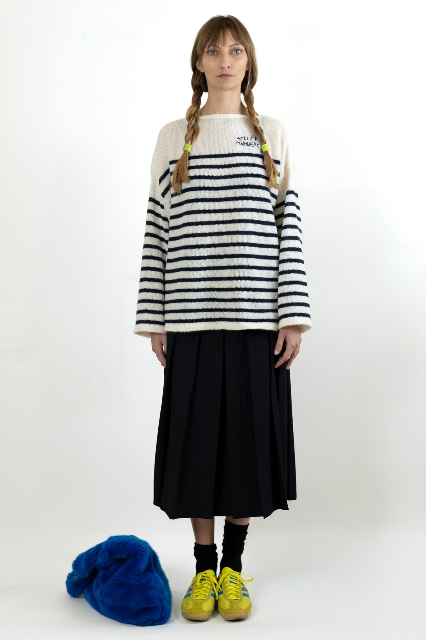 Women's Super Kid Mohair Sweater, White/Navy Stripes