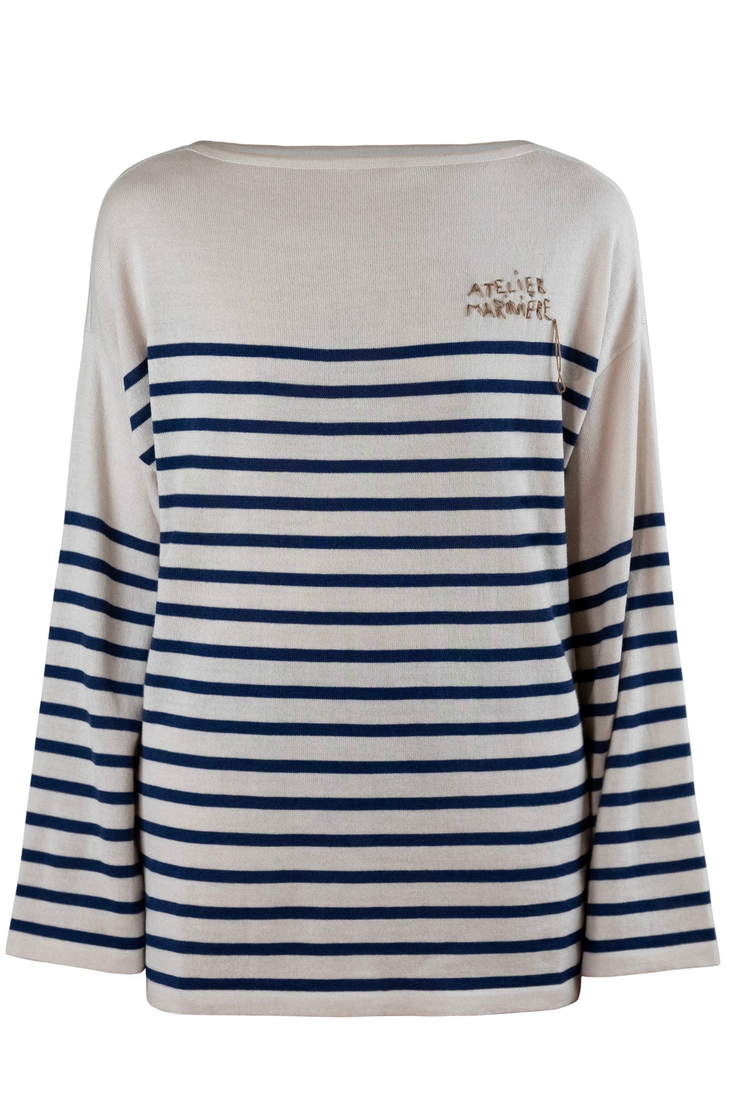 Women's Merino Breton Shirt, Chalk White/Faded Navy Stripes