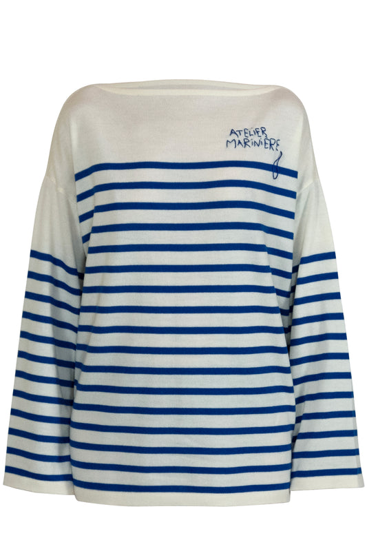 Women's Striped Breton Shirt - 100% Merino Wool - Boat Neck - Cream / Blue Stripes