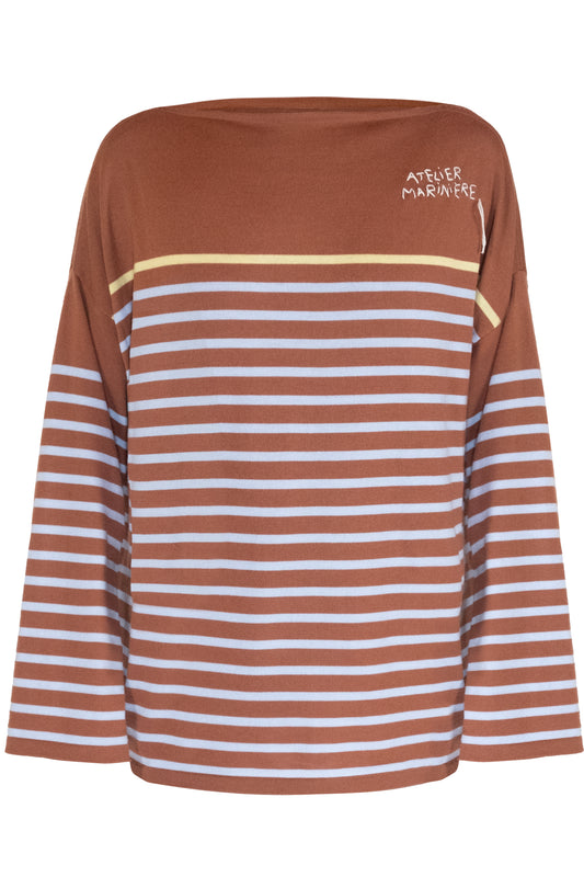 Men's Striped Breton Shirt - 100% Merino Wool - Boat Neck - Copper Brown / Light Blue Stripes