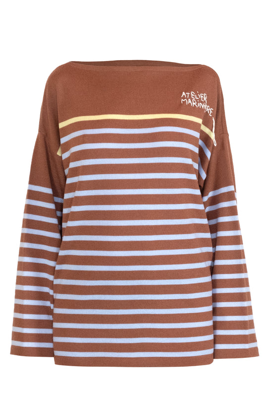 Women's Striped Breton Shirt - 100% Merino Wool - Boat Neck - Copper Brown / Light Blue Stripes