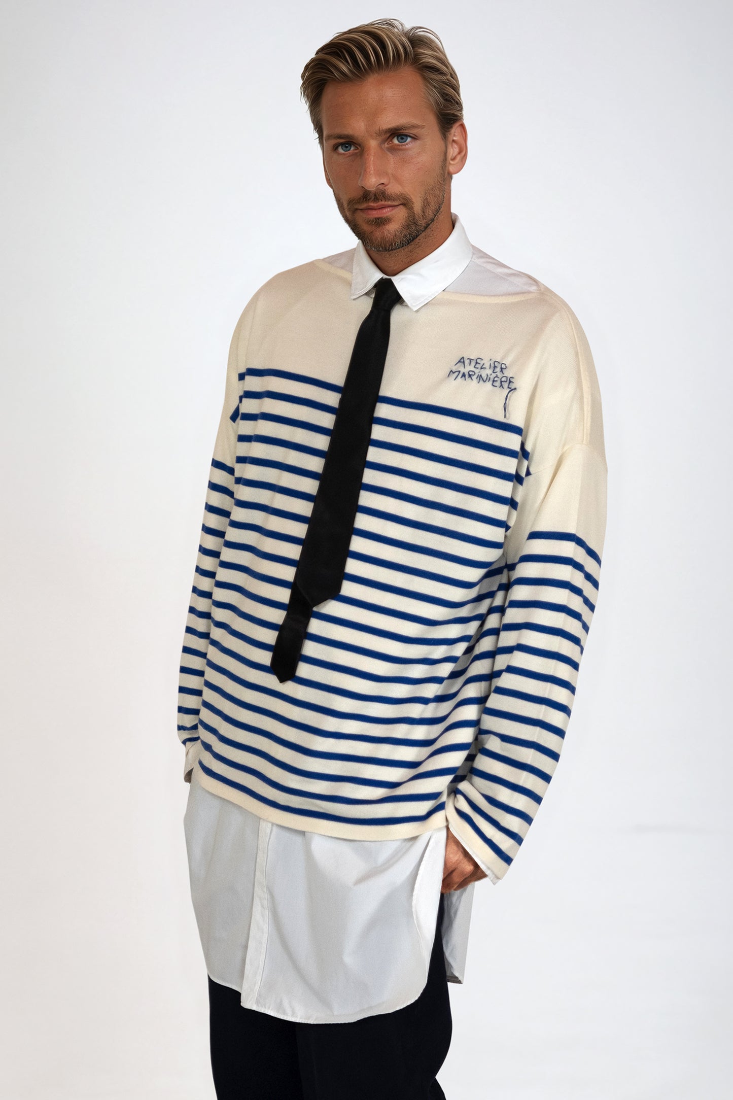 Men's Striped Breton Shirt - 100% Merino Wool - Boat Neck - Cream / Blue Stripes