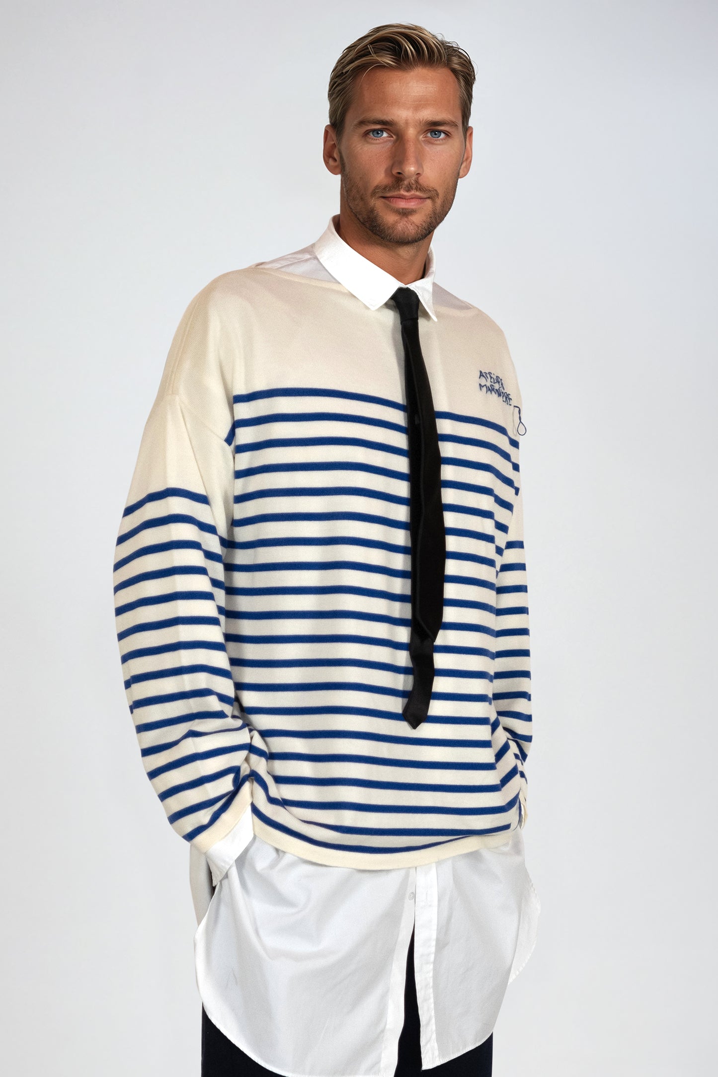 Men's Striped Breton Shirt - 100% Merino Wool - Boat Neck - Cream / Blue Stripes