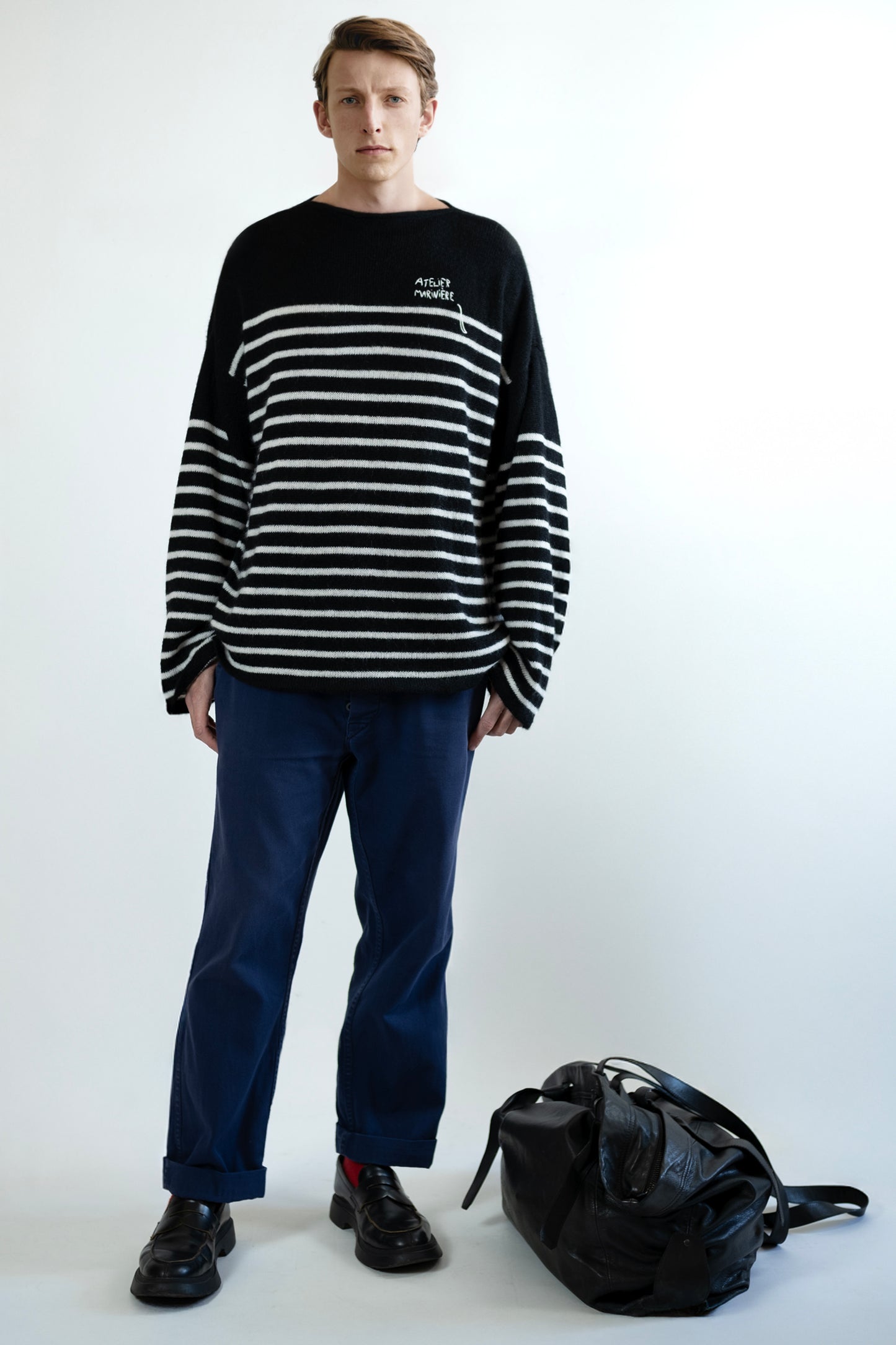 Men's Super Kid Mohair Sweater, Black/White Stripes
