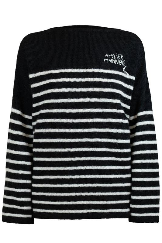 Men's Super Kid Mohair Sweater, Black/White Stripes