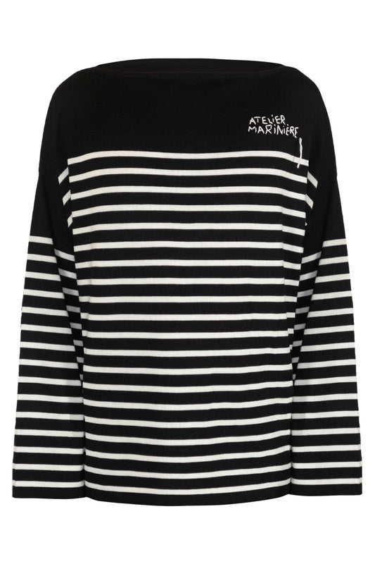 Men's Striped Breton Shirt - 100% Merino Wool - Boat Neck - Black / White Stripes