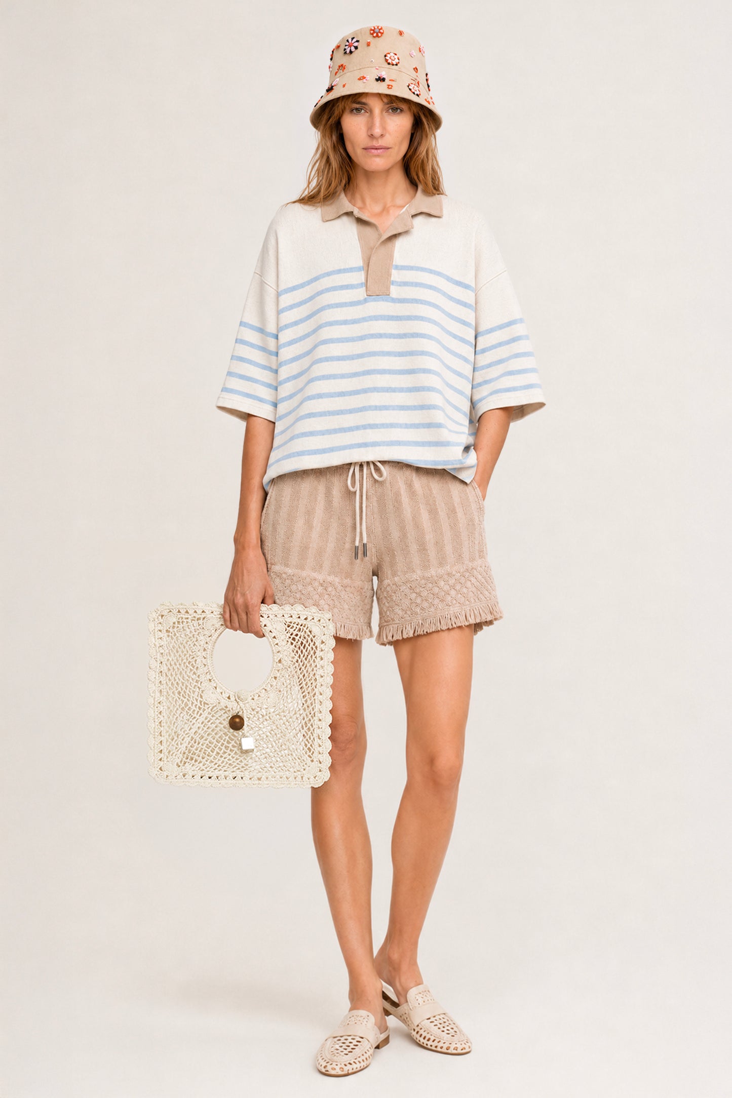 Women's Striped Oversized Cotton Polo— Milk / Powder Blue / Camel