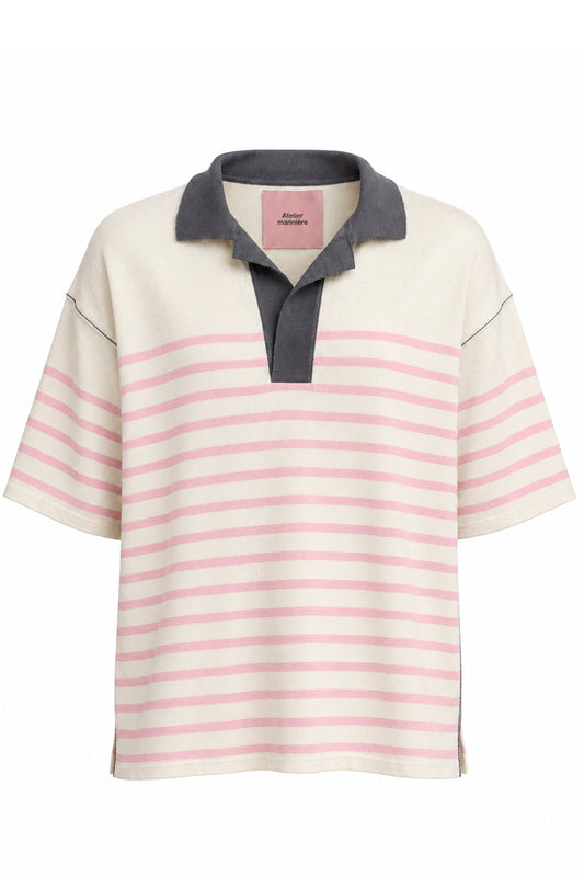 Men's Striped Oversized Cotton Polo— Milk / Pink / Grey