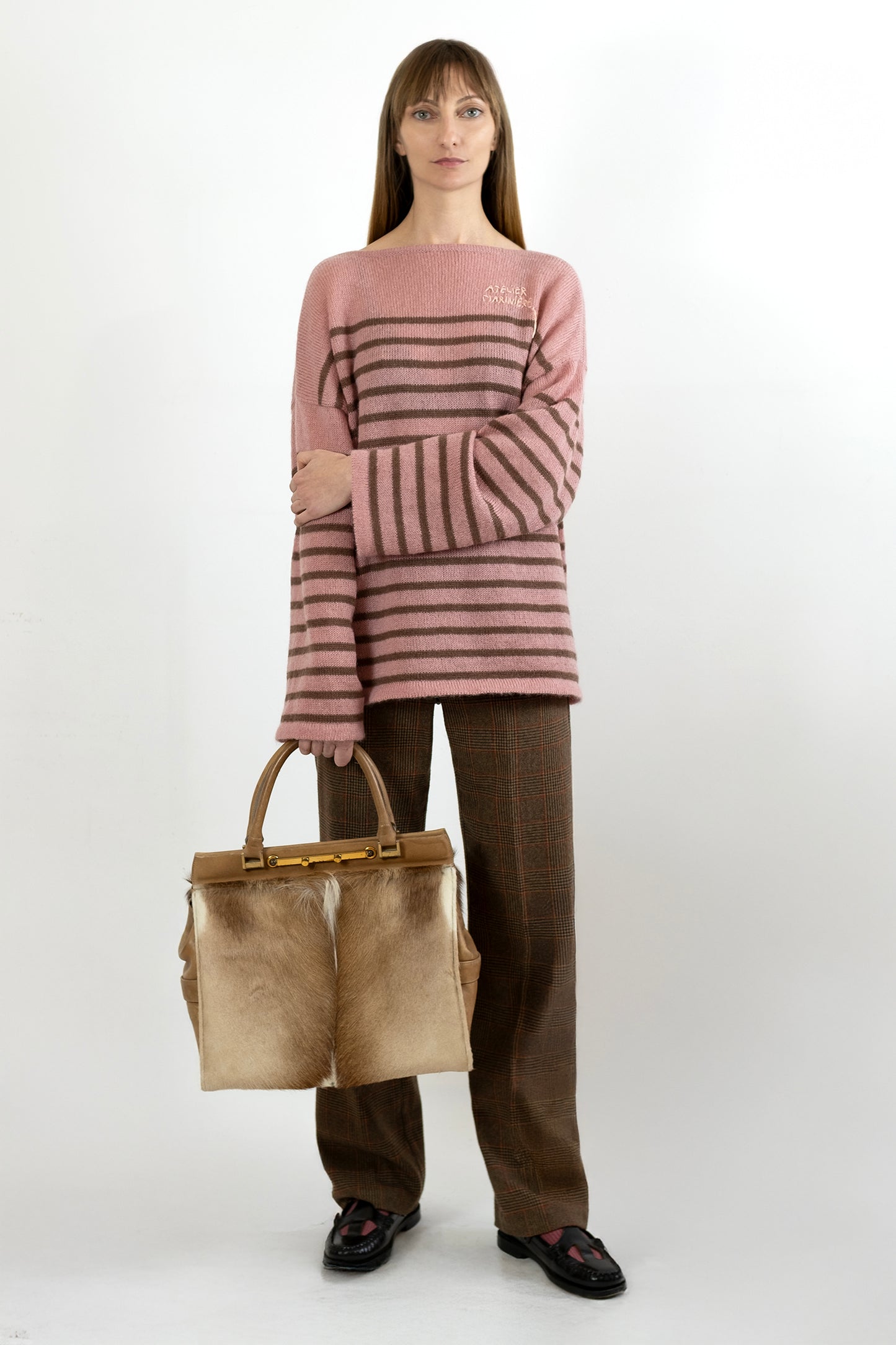 Women's Super Kid Mohair Sweater, Antique Pink/Noisette Stripes