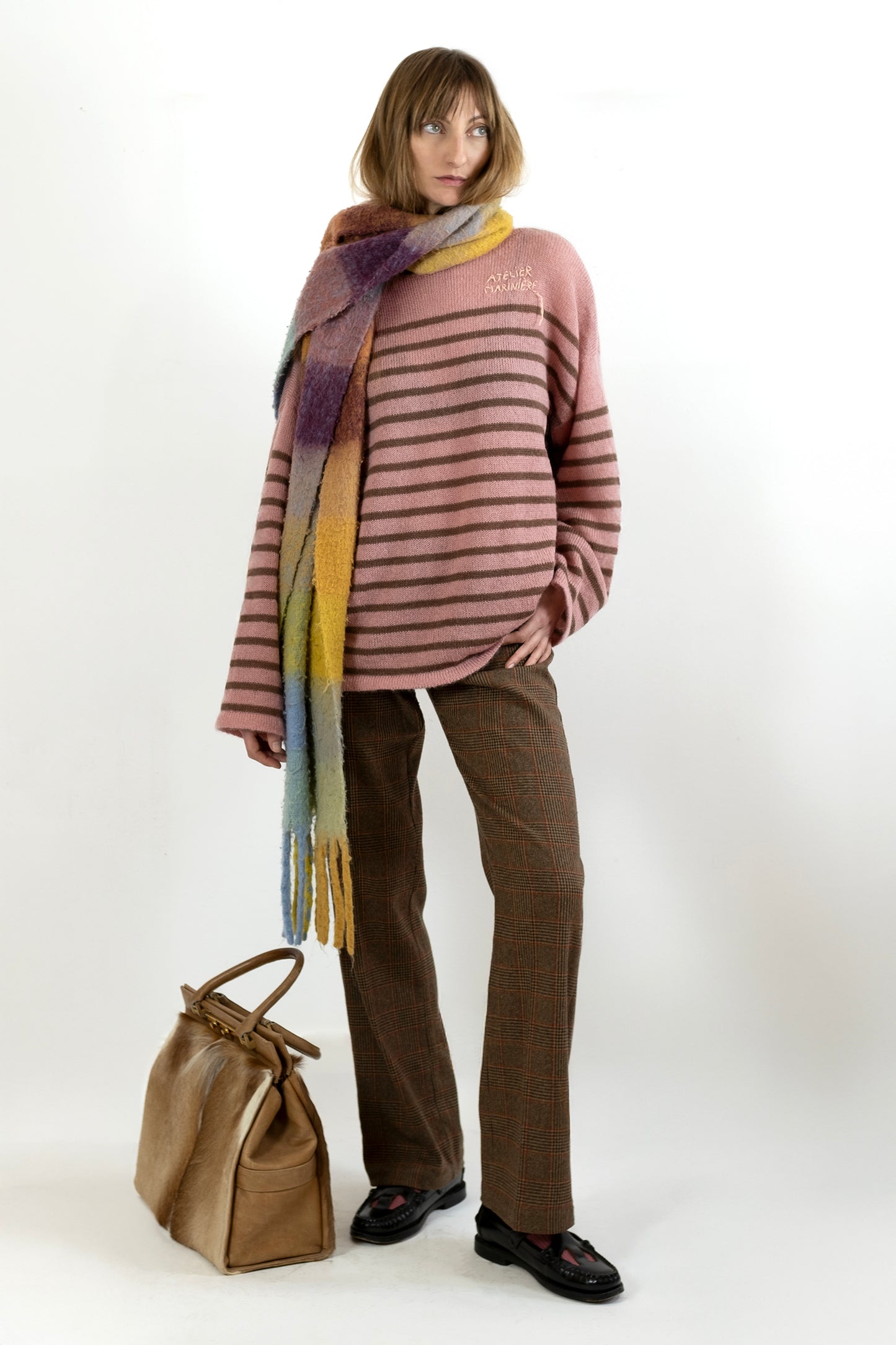 Women's Super Kid Mohair Sweater, Antique Pink/Noisette Stripes