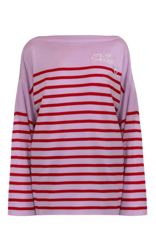 Women's Striped Breton Shirt - 100% Merino Wool - Boat Neck - Pink / Red Stripes