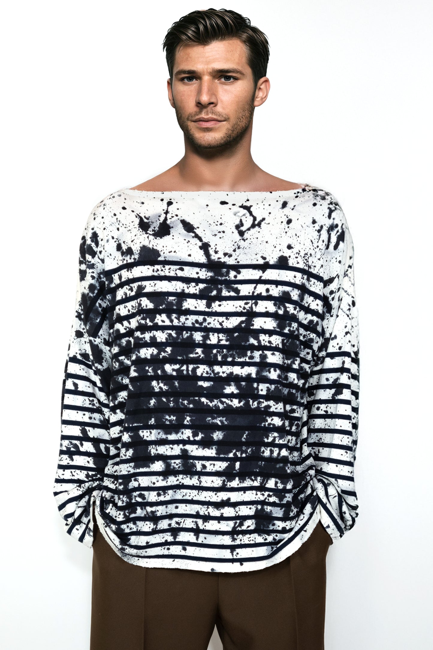Tie-dye sailor-style shirt for men, 100% cotton with navy stripes on white base