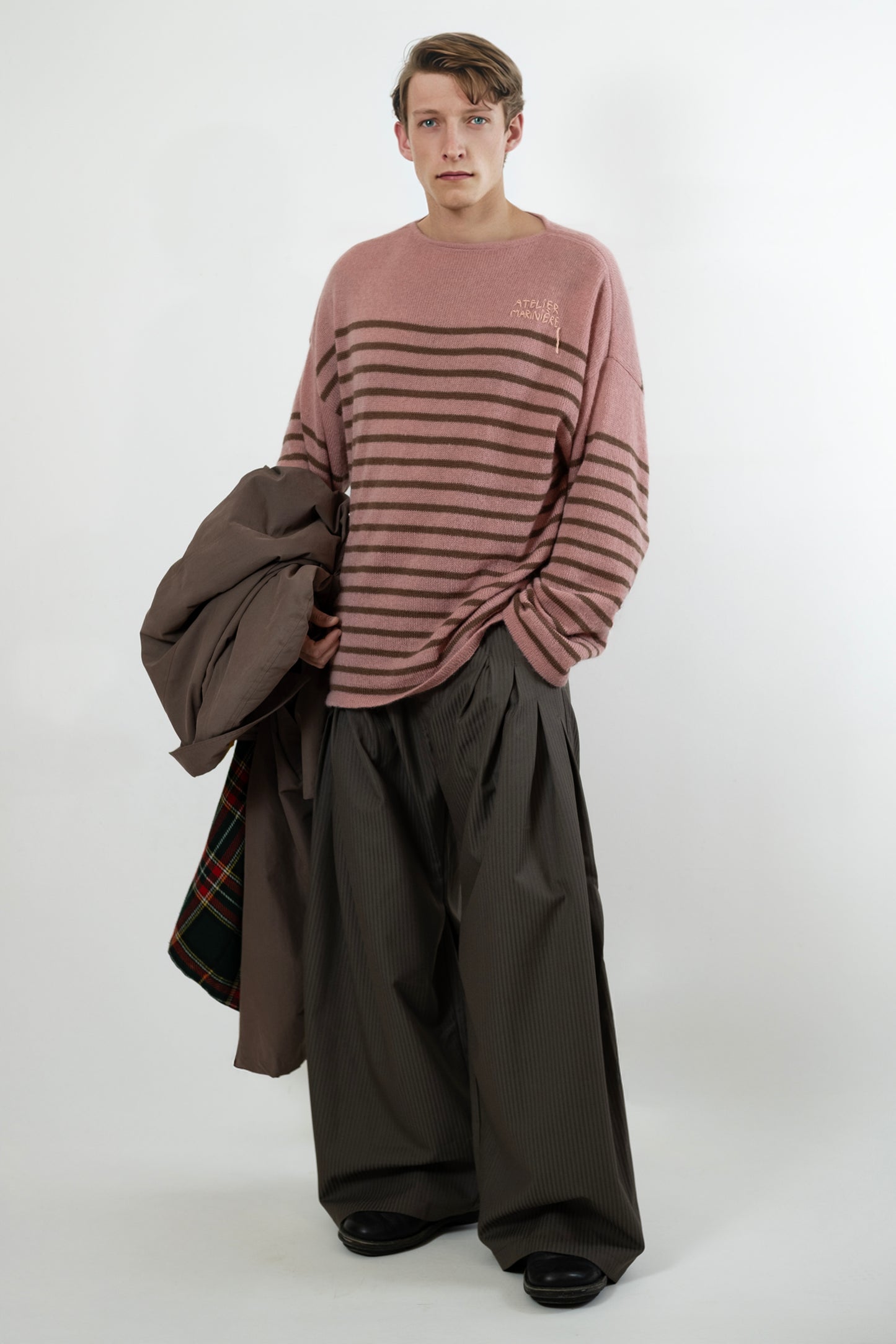 Men's Super Kid Mohair Sweater, Antique Pink/Noisette Stripes