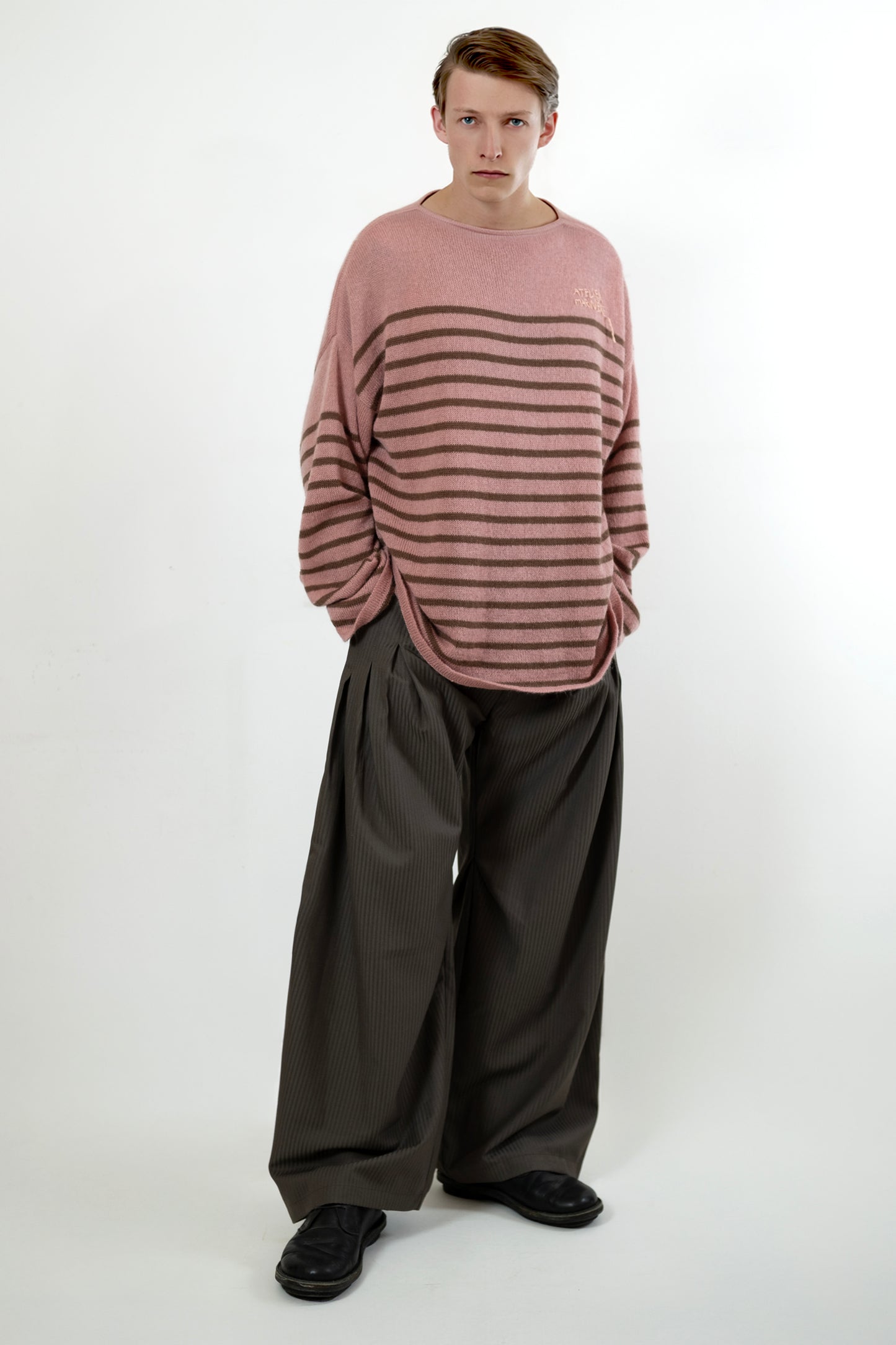 Men's Super Kid Mohair Sweater, Antique Pink/Noisette Stripes