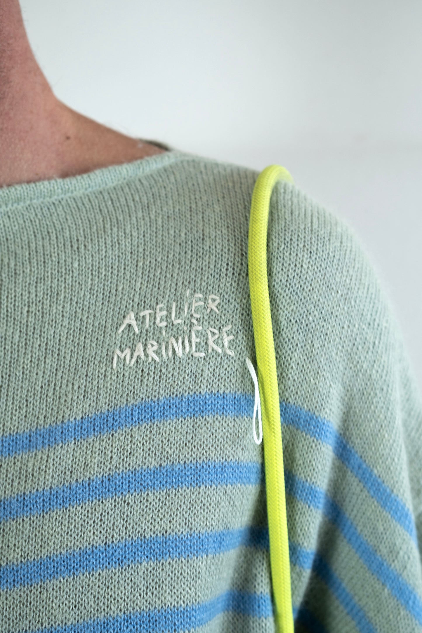 Men's Super Kid Mohair Sweater, Wasabi/Blue Stripes