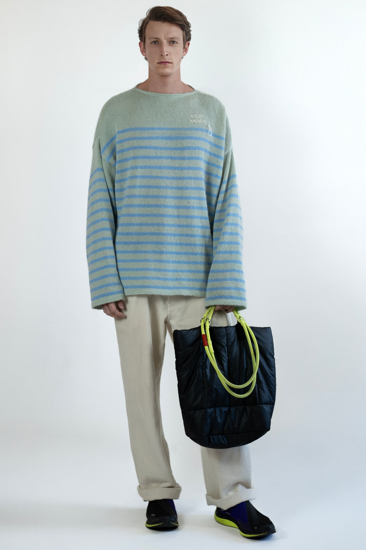 Men's Super Kid Mohair Sweater, Wasabi/Blue Stripes