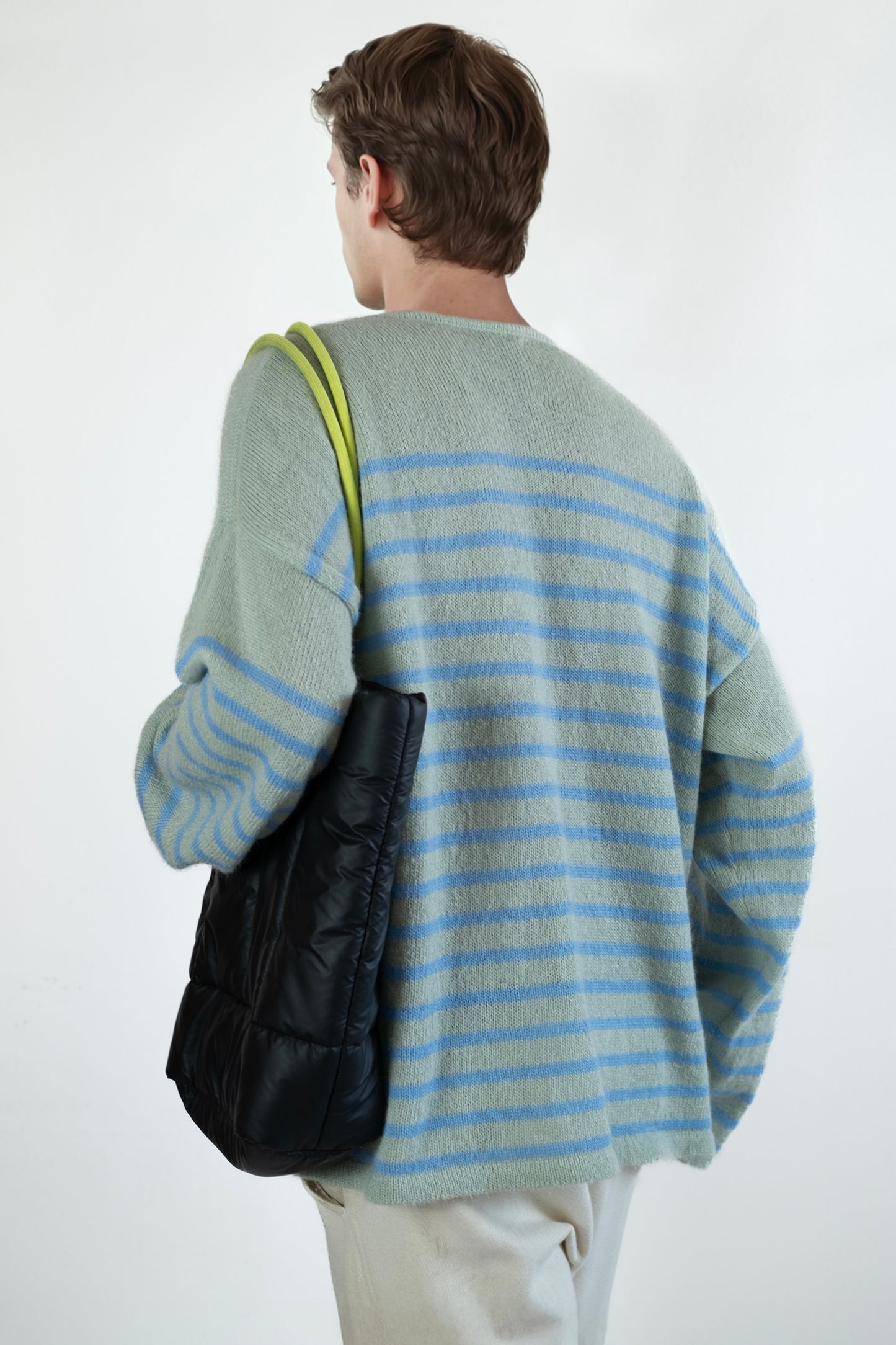 Men's Super Kid Mohair Sweater, Wasabi/Blue Stripes