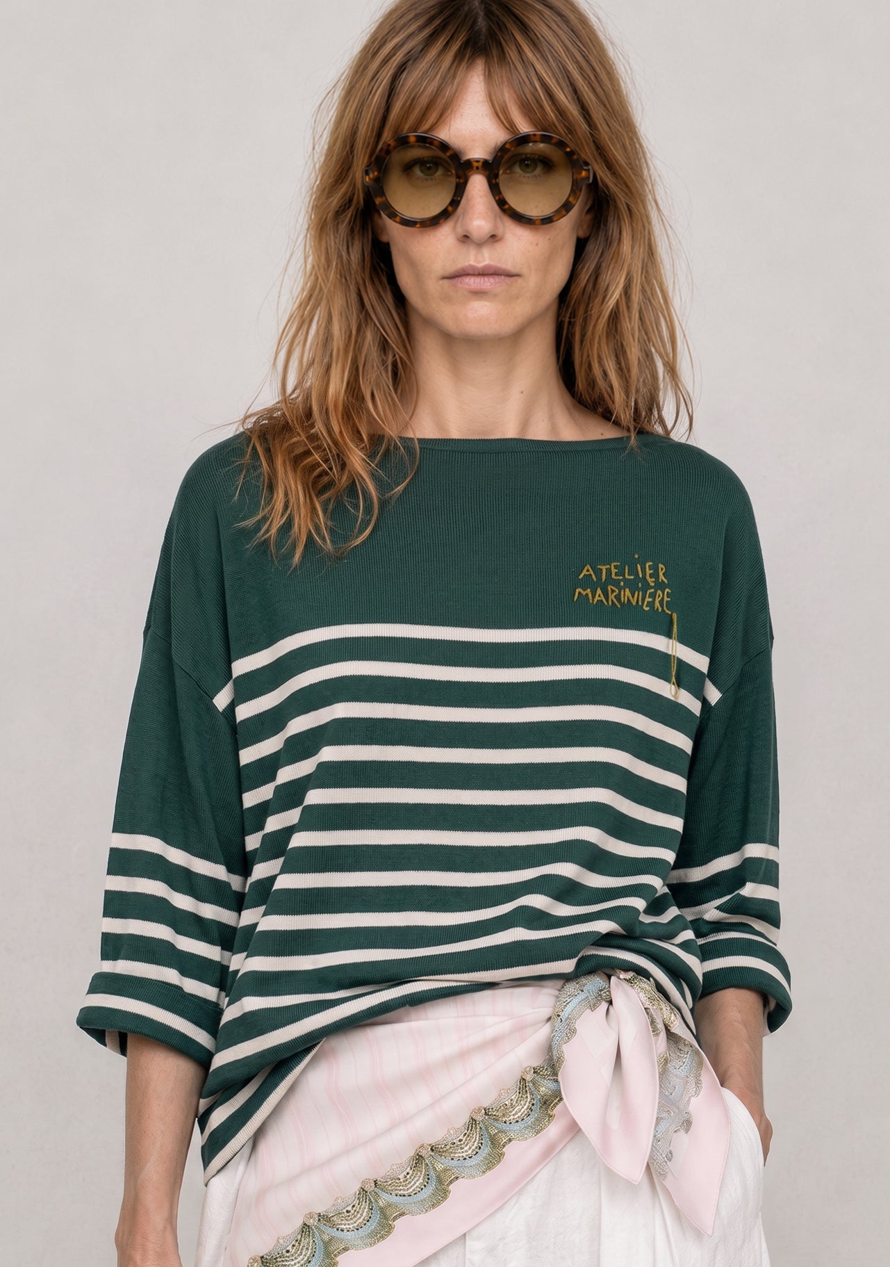 Women's Oversized Breton Shirt — Green/White