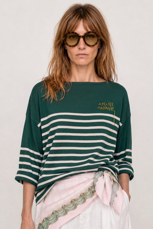 Women's Oversized Breton Shirt — Green/White
