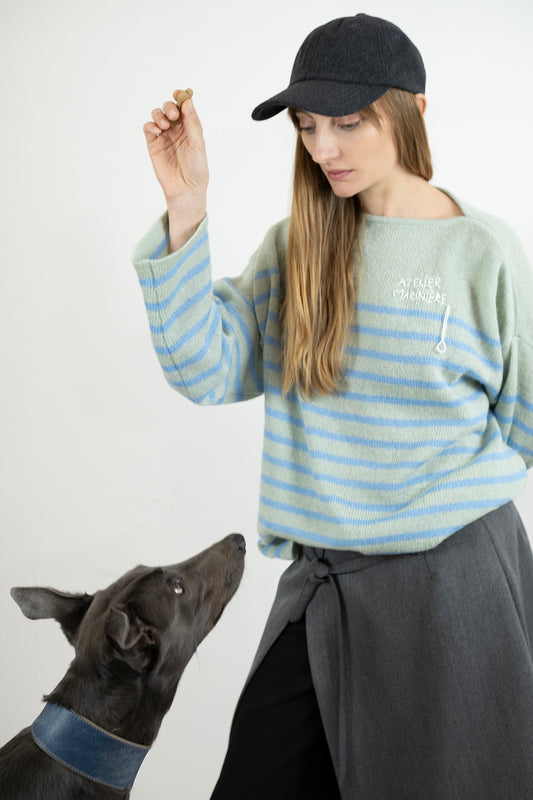 Women's Super Kid Mohair Sweater, Wasabi/Blue Stripes