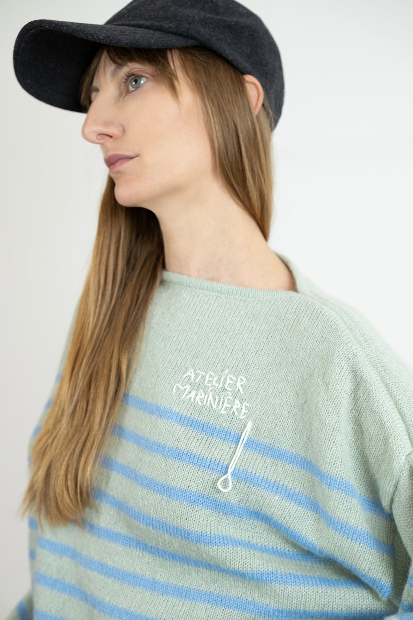 Women's Super Kid Mohair Sweater, Wasabi/Blue Stripes