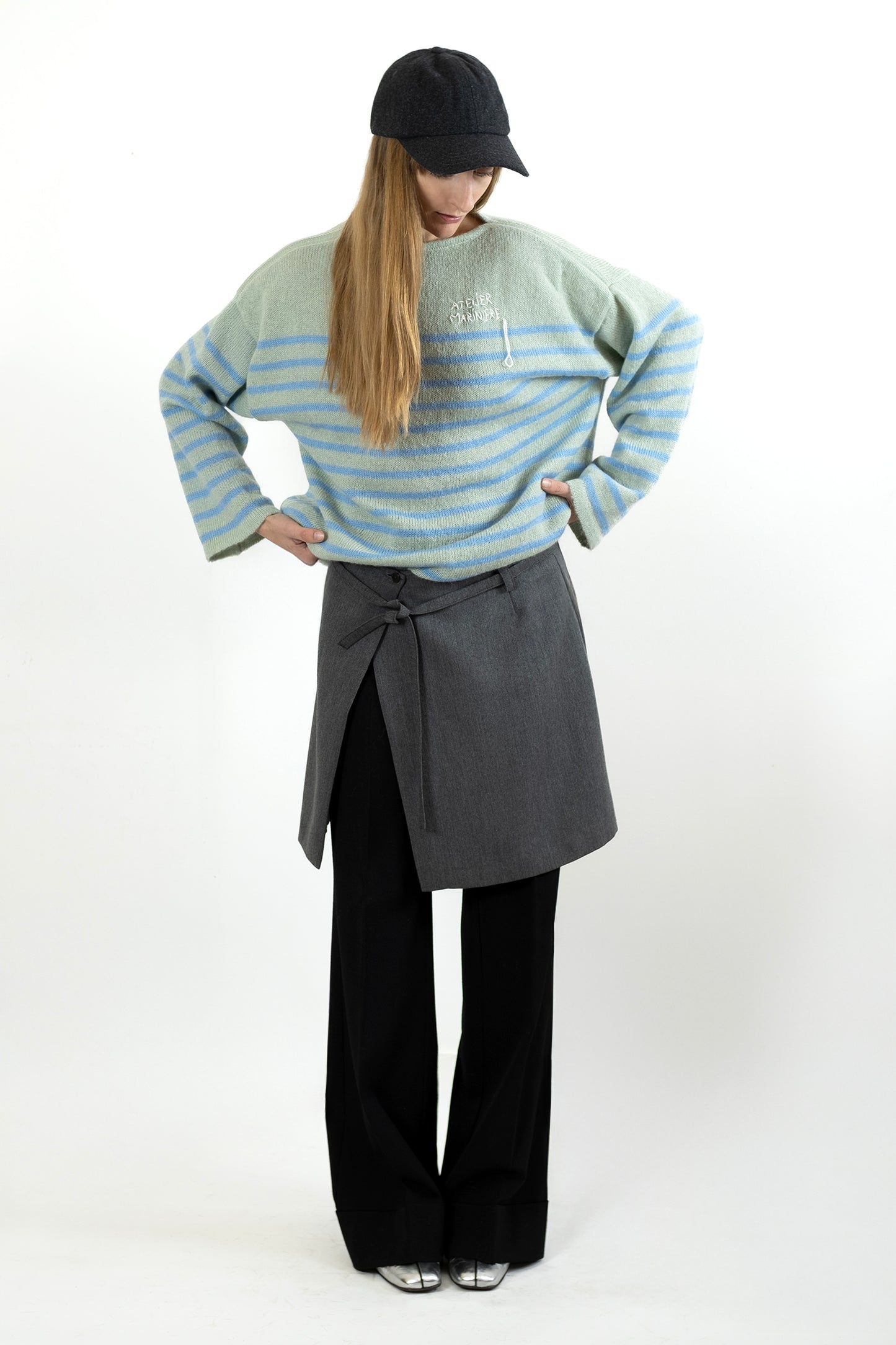 Women's Super Kid Mohair Sweater, Wasabi/Blue Stripes